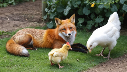 Fototapeta premium A fox and some chickens are sitting together. Animal friendship concept.