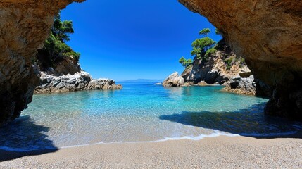Fototapeta premium A serene beach scene with crystal clear turquoise water, white sand, and lush green trees.
