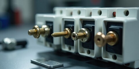 Close-up view of intricate electronic components, showcasing precision-engineered brass screws and off-white plastic housings, detailed industrial assembly