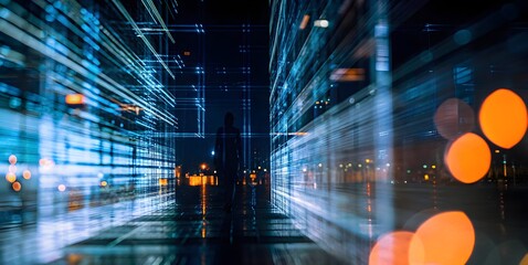 Obraz premium Neon Metropolis Futuristic Cityscape with Cyberpunk Aesthetic and Glowing Blue Lines