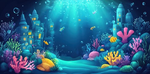 Beautiful underwater scene features fantasy castles amidst coral reefs