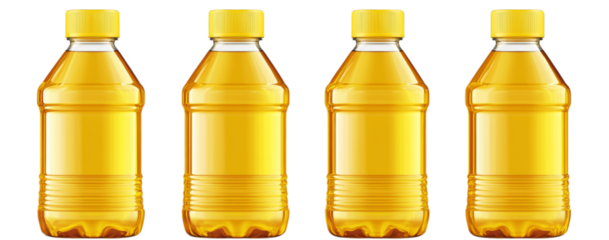 Four bottles of golden cooking oil aligned in a row with yellow caps
