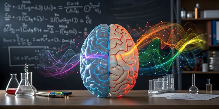 Neural Nexus Photorealistic Render of a Glowing Brain Model in a Scientific Laboratory