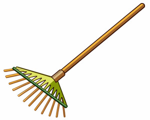 Vector illustration of a rake, long wooden handle with steel tines, professional on white background.