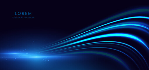 Abstract elegant glowing blue curve ray lighting effect on black background.