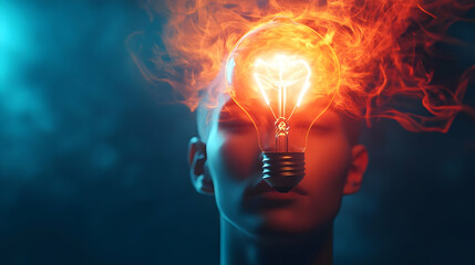 A surreal representation of creativity and innovation with a light bulb on a head.