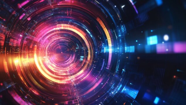 Abstract digital tunnel, vibrant light trails, futuristic background, tech presentation