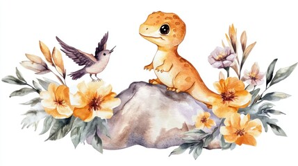 Fototapeta premium A whimsical illustration featuring a lizard and a bird surrounded by colorful flowers.