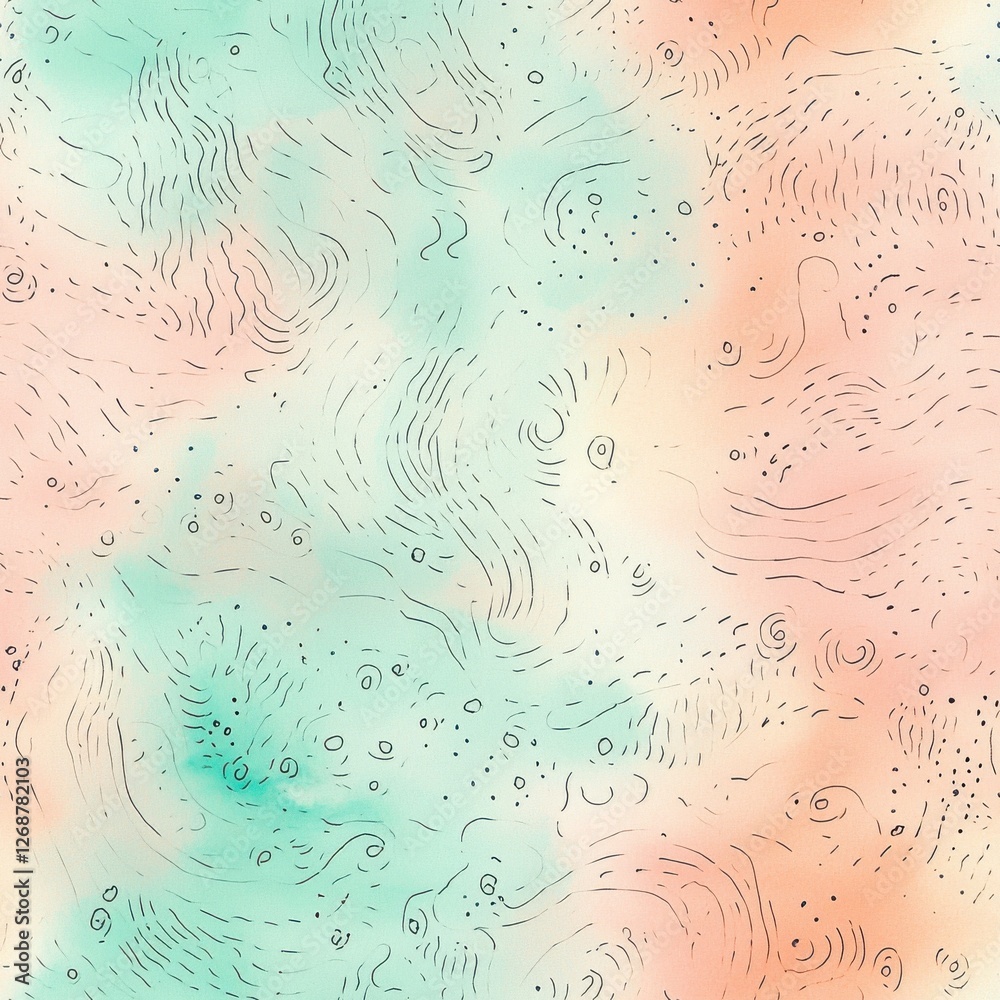 Poster whimsical doodle watercolor art showcasing abstract patterns and playful designs in soft pastel colo