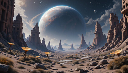 Futuristic Extraterrestrial Terrain with Twin Suns