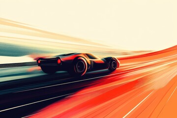Sleek sports car speeds along a highway in artistic rendition