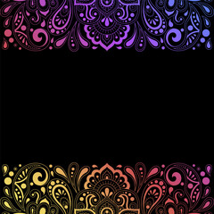 Color decorative panel with circular pattern in form of mandala with flower for decoration or print. Decorative ornament in ethnic oriental style. Rainbow design on black background.