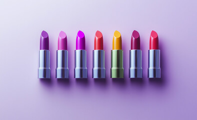 collection of colorful lipsticks arranged in row, makeup glamour concept.