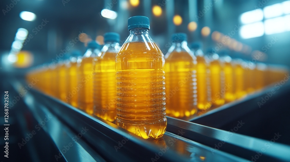 Poster bright orange juice fills plastic bottles as they move steadily along the assembly line in a lively 