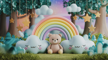 Fototapeta premium Pastel Rainbow and Teddy Bear in Dreamy Forest Illustration with Clouds and Stars