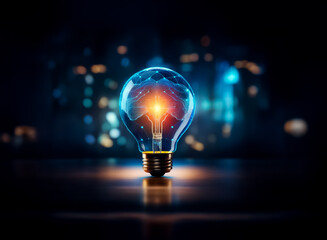 A luminous light bulb radiates vibrant energy, illuminating a dark space.  The glowing filament casts a warm light, contrasting against the blurred bokeh backdrop, symbolizing innovation and bright id