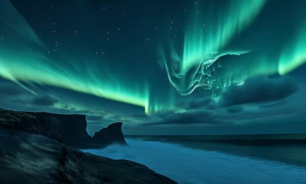 A dramatic night sky filled with swirling auroras over a rugged coastline and crashing waves.