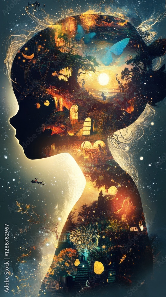 Poster vibrant silhouette of a child exploring a magical world, merging fantasy elements with nature and li