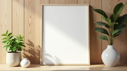 Minimalist home decor featuring a blank framed poster, potted plants, and a vase on a light wooden shelf against a natural wood paneled wall, bathed in sunlight
