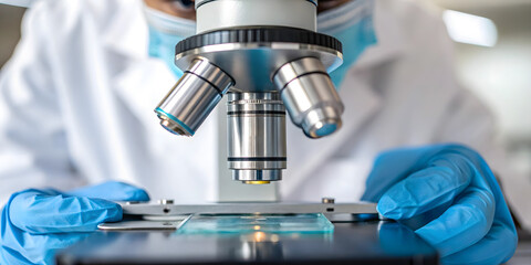 Precise Examination High Resolution Close-Up of Laboratory Microscope and Medical Research Setup