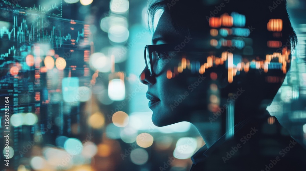 Poster thoughtful trader analyzes vibrant stock data in dynamic financial environment