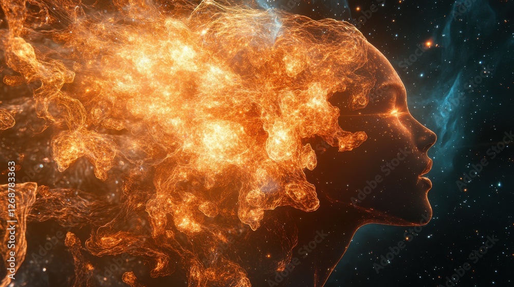 Poster Surreal glowing representation of a woman's profile in a cosmic setting