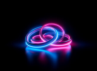 Three interconnected rings glow with vibrant neon light. Pink and blue hues illuminate the dark background, creating a futuristic and abstract design.