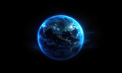 Stunning Blue Planet Earth at Night Glowing with City Lights in Dark Space