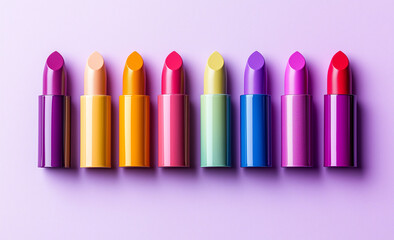 collection of colorful lipsticks arranged in row, makeup glamour concept.