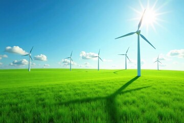 Clean Energy Windmills in a Verdant Meadow Under a Bright Sunny Sky