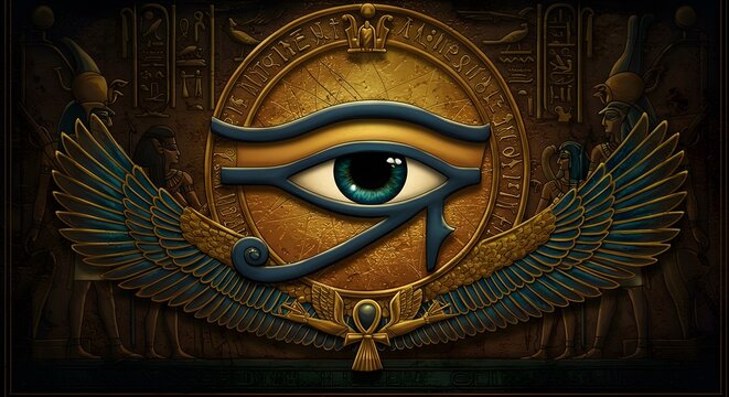 Egyptian Eye of Horus Ancient Symbol with Hieroglyphs and Golden Wings