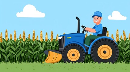 Cartoon Farmer on Blue Tractor Harvesting Corn in Bright Field