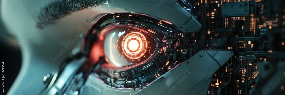 Aufkleber Close up view of a robotic eye illuminated by soft light among intricate futuristic circuitry in a technology driven environment. Generative AI