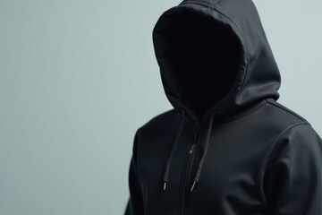 An Enigmatic Figure Concealed by a Dark Hooded Sweatshirt Against a Muted Background