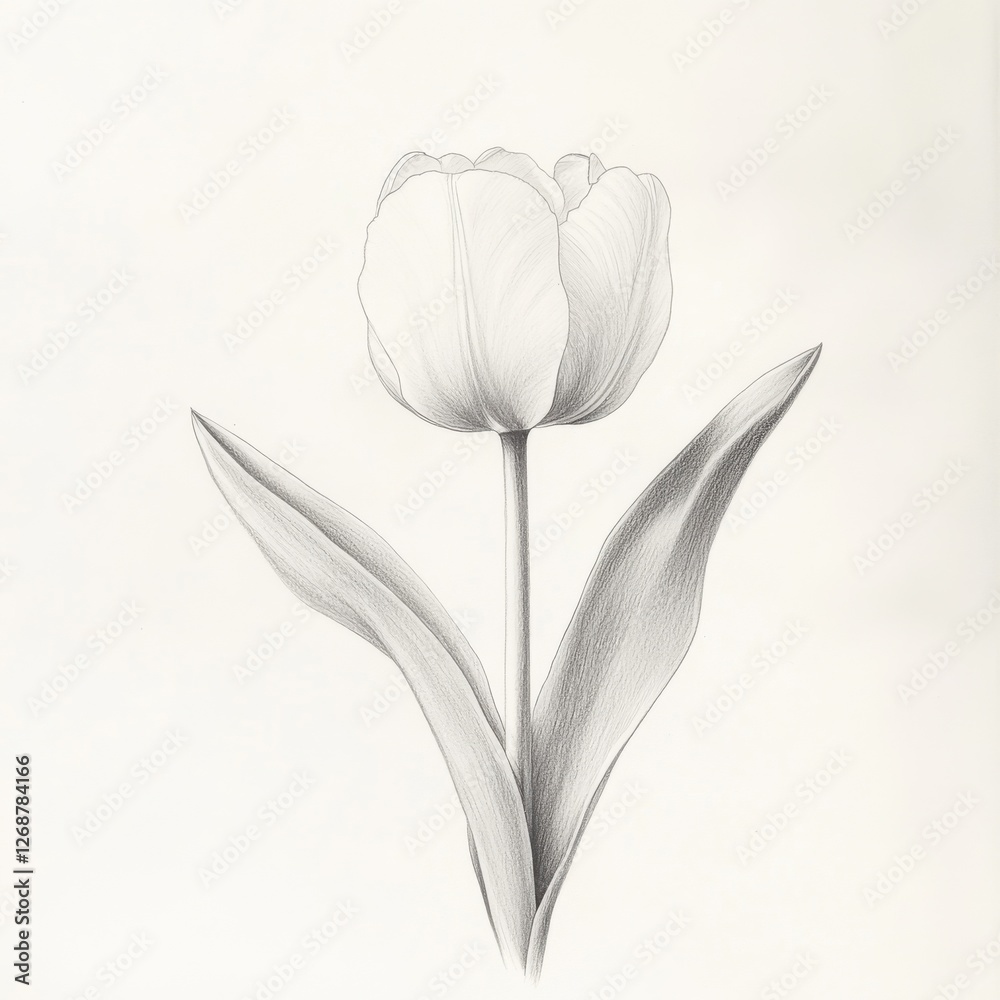 Poster Illustration of a single tulip in full bloom with leaves on a light background showcasing delicate details