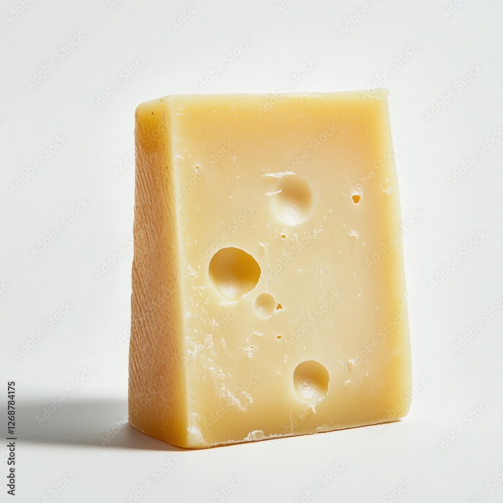 Poster Enjoying a slice of Swiss cheese with smooth texture and characteristic holes ready for sampling or culinary use