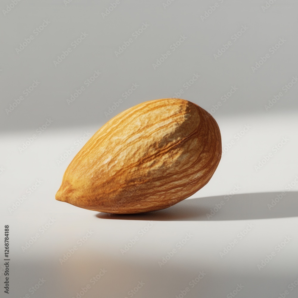 Poster single roasted almond with a smooth surface placed on a light background showcasing its rich texture