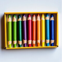 Fototapeta premium Colorful collection of crayons arranged neatly in a small box ready for creative projects