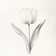 Fototapeta premium Illustration of a single tulip in full bloom with leaves on a light background showcasing delicate details