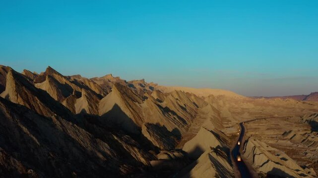 Aerial view of rugged desert terrain with unique rock formations in Hingol Balochistan National Park