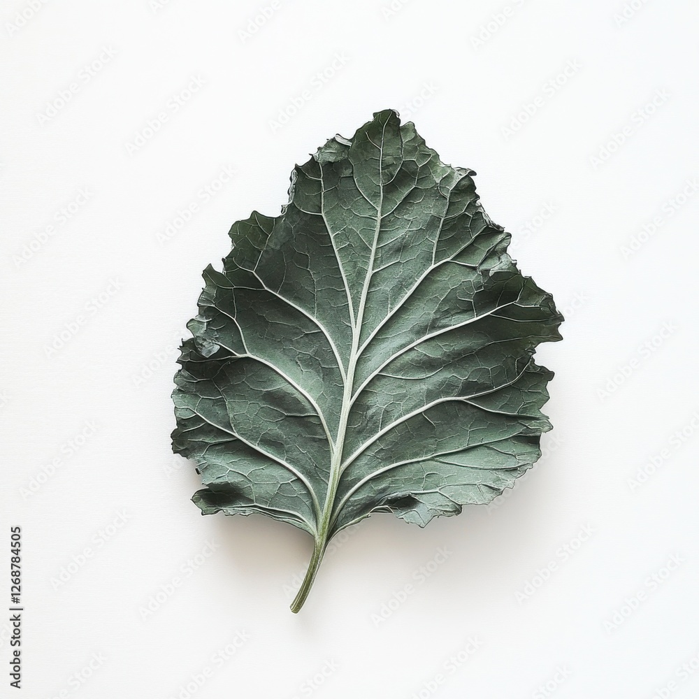 Poster dark green kale leaf with ruffled edges showcasing natural texture and color on a neutral background