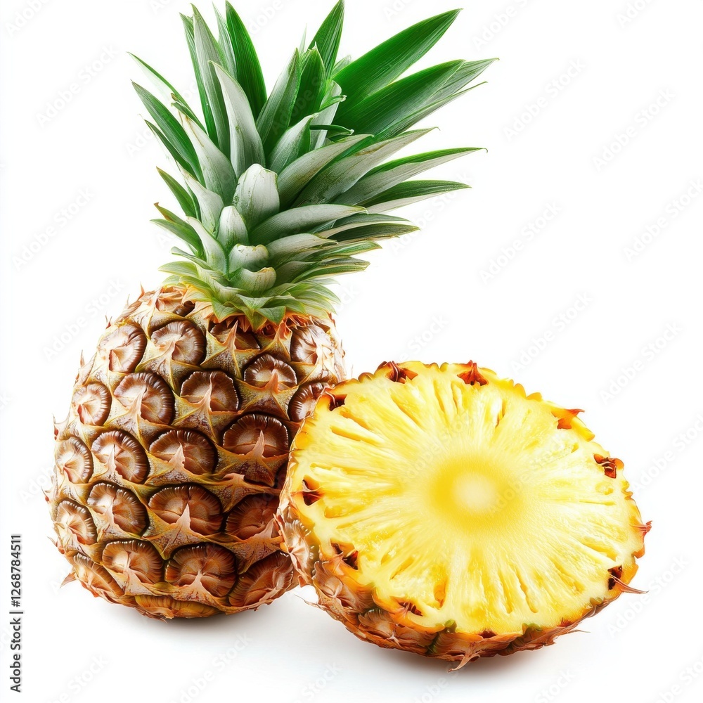 Poster fresh pineapple slice on a white background emphasizes juiciness and vibrant color for culinary insp