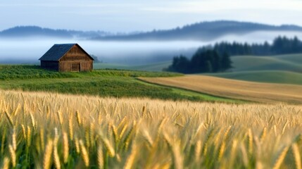 A small wooden barn sits in a field of golden wheat, with rolling hills and trees in the distance.