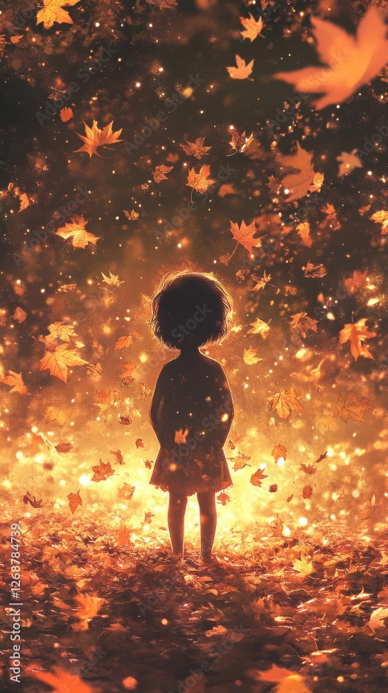 Poster child surrounded by glowing autumn leaves in an enchanting forest at twilight