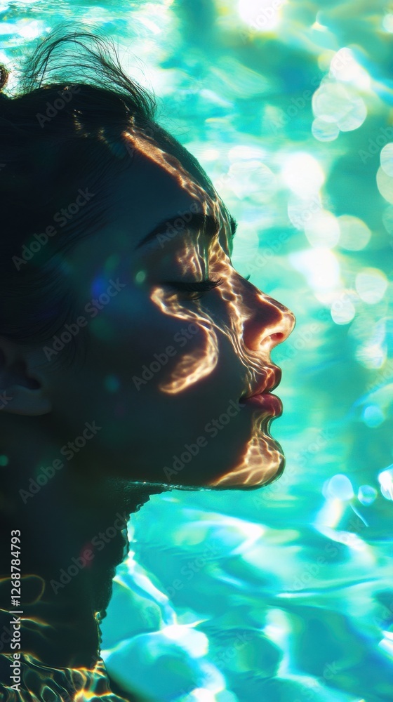 Aufkleber serene portrait of a woman glowing with water reflections in a tranquil setting during daytime