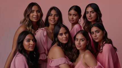 A group of beautiful women with diverse hair and skin tones, wearing pink attire and smiling at the camera, standing against an isolated pastel background. 