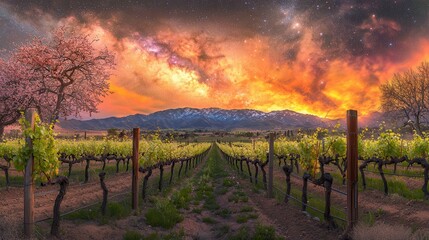 Vineyard at Sunset with Milky Way Galaxy