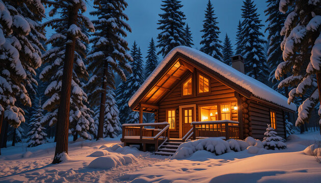 Winter Wonderland with a Warm, Lit Cottage
