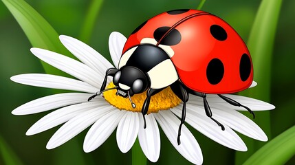 Obraz premium Bright Red Ladybug on White Daisy Flower with Green Background