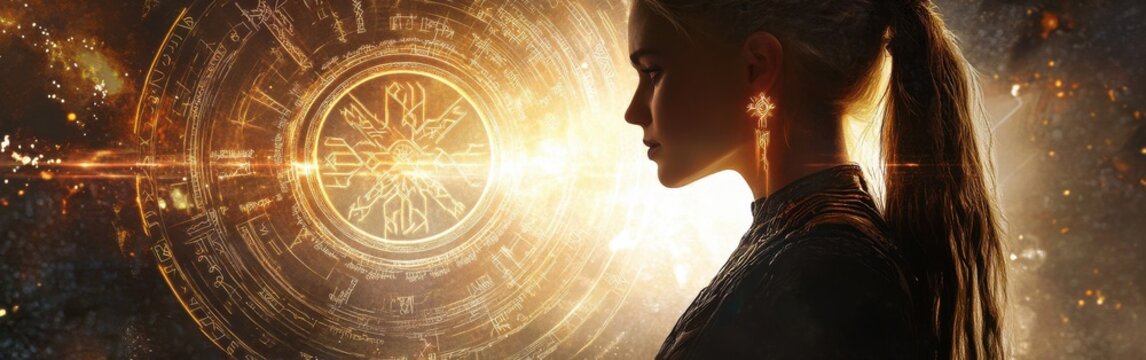 Portrait of a woman radiating tranquility amid a cosmic background during an ethereal moment at dawn